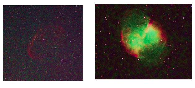 Two images taken as 3-minute single exposures, noise is prevalent in both. Details such as the edges of the nebulae and faint stars cannot be seen. D Elijah.