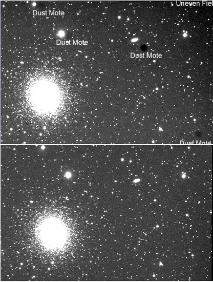 By applying the flat frame correction, the background of the image becomes more even, and dark patches due to dust disappear! No need to clean your scope! (Image taken from http://interstellarstargazer.com).