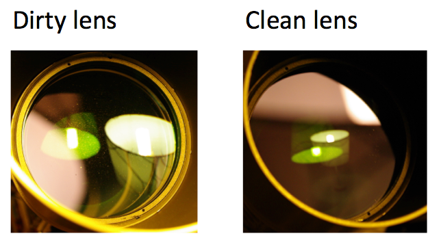 This is the objective lens from my telescope before and after cleaning. Although small specs of dust do not seriously affect the overall quality of the image, they can contribute to uneven brightness in the image. 