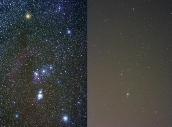 Figure 1. The effect of light pollution on the night sky. This split image shows how artificial light washes out most of the faint detail in the constellation Orion.